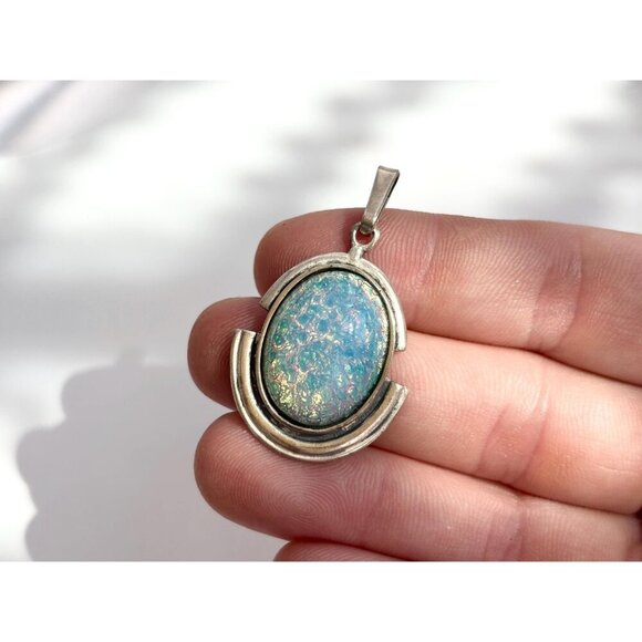 Opal Modernist Semi-Precious Gemstone Minimalist Sterling Silver Vintage Pendant - Picture 5 of 10